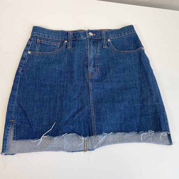 Madewell Stretch Denim Straight Mini Skirt Blue Womens 27 Raw Hem Front Slit - Picture 1 of 9